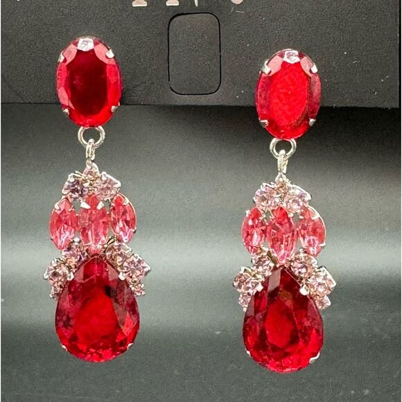 INC Silver Tone Red Crystal Post Dangle Earnings - Picture 2 of 4